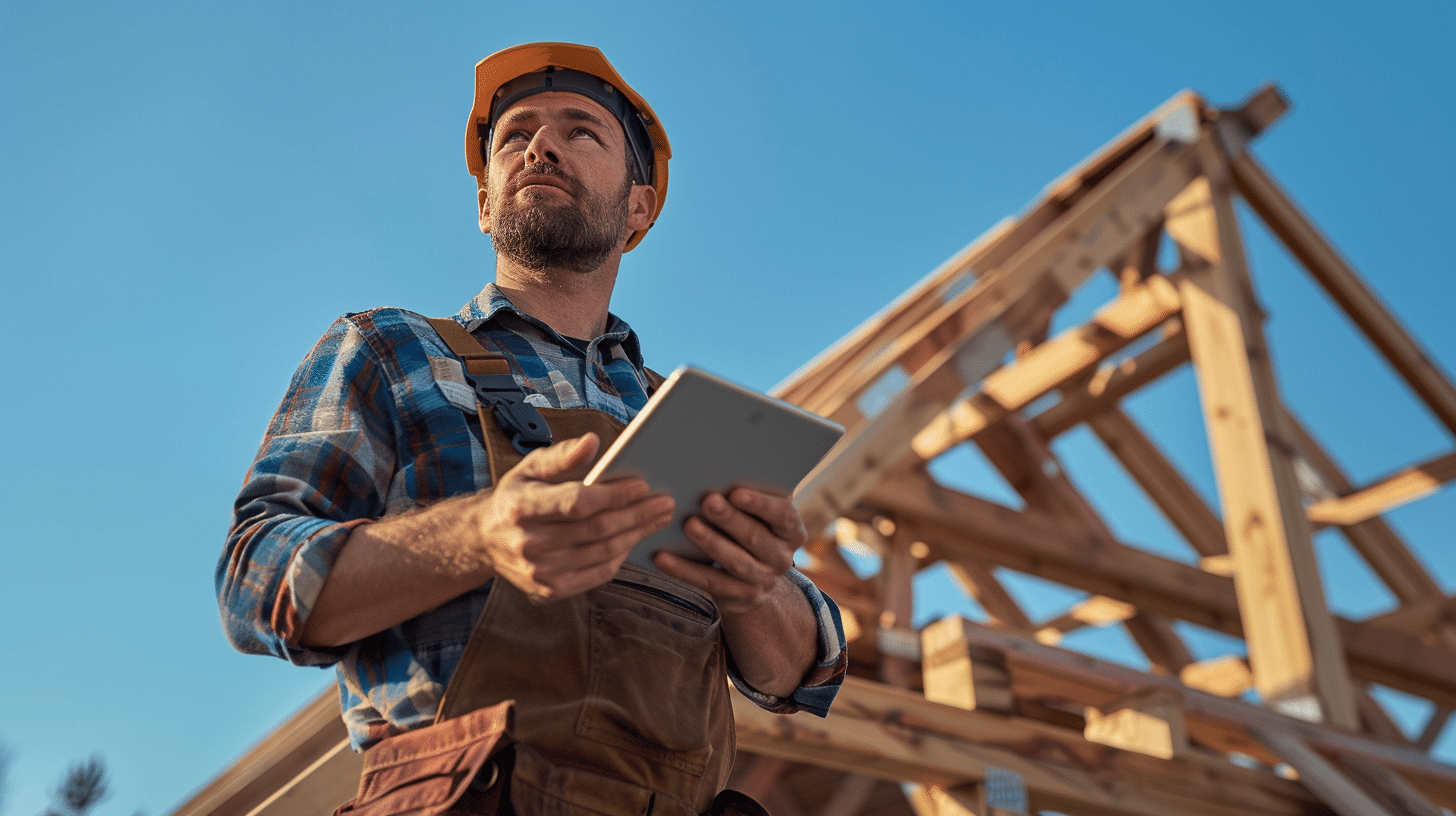 Bauarbeiter mit Tablet vor einem Holzhaus-Rohbau