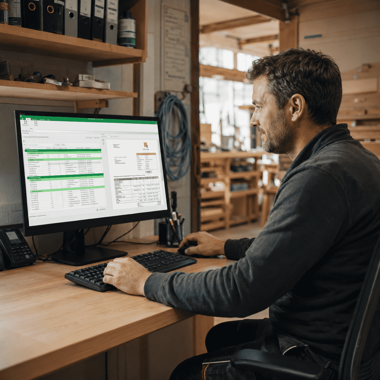 Mann arbeitet am Computer in einer Werkstatt