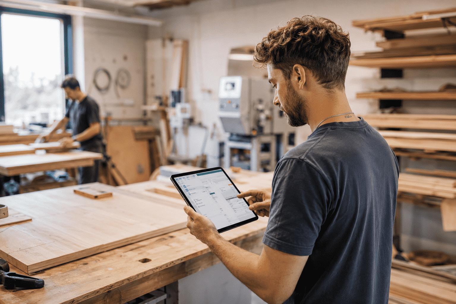 Mann in einer Holzwerkstatt bedient ein Tablet an einer Werkbank