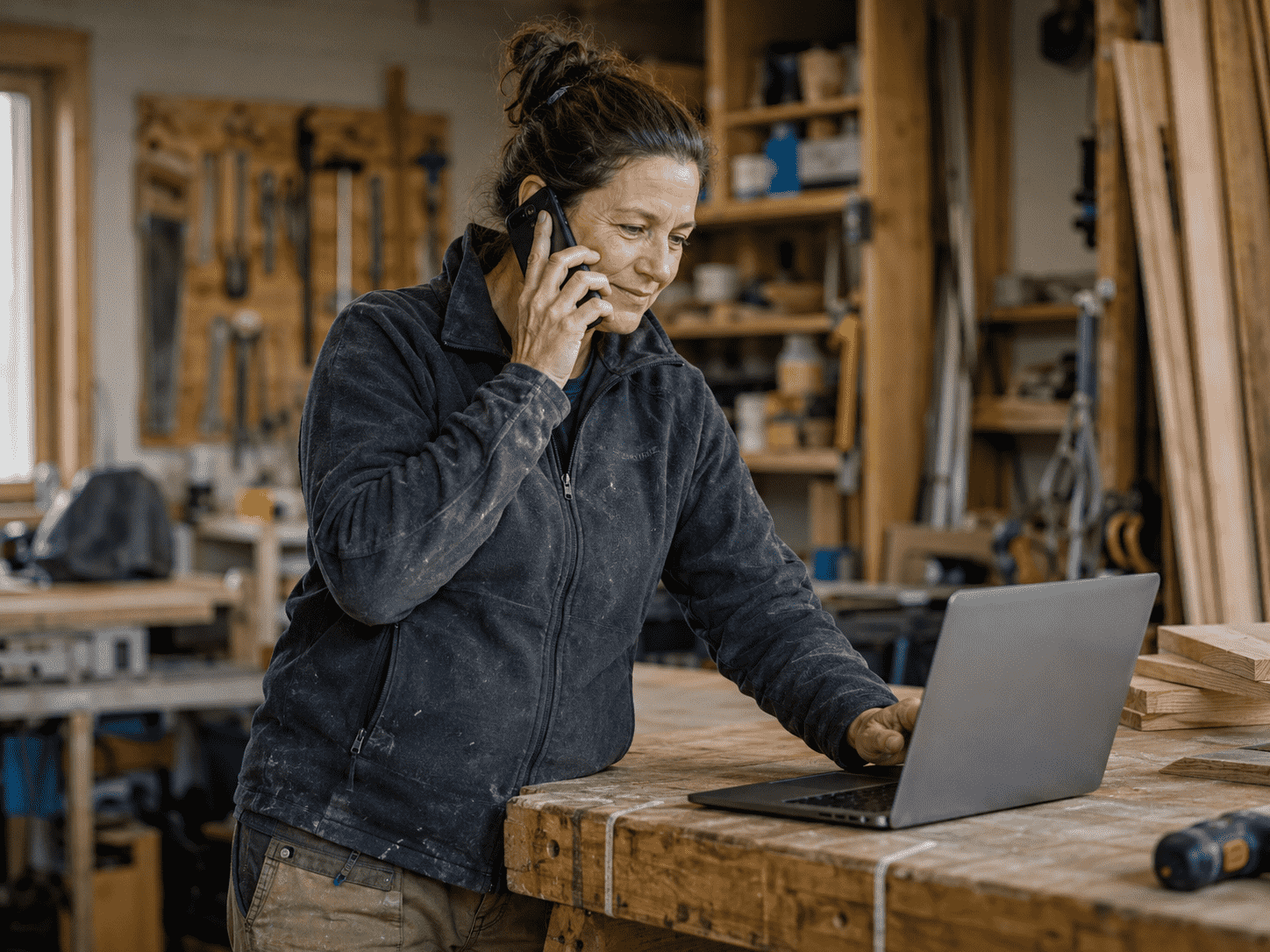 Frau in einer Werkstatt telefoniert am Laptop an einer Werkbank
