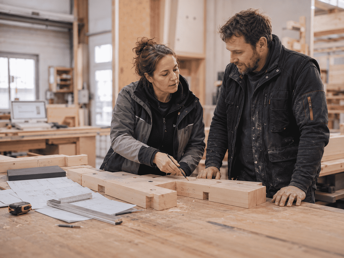 Zwei Tischler besprechen einen Holzplan an einer Werkbank in der Werkstatt